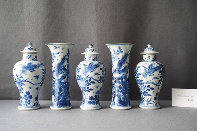 A Chinese blue and white five-piece garniture, Kangxi