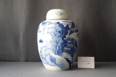 A Chinese blue and white covered jar with figures in a landscape, 19th C.