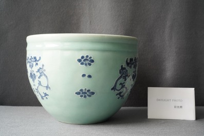 A Chinese blue and white celadon-ground jardini&egrave;re, Qianlong