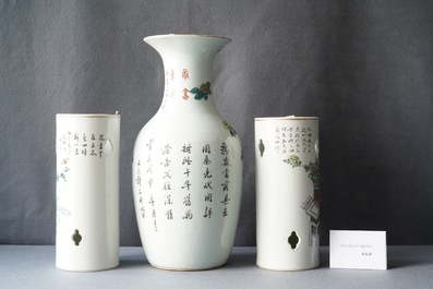 Two Chinese qianjiang cai hat stands and a vase with antiquities, 19/20th C.