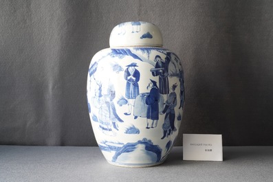 A Chinese blue and white covered jar with figures in a landscape, 19th C.