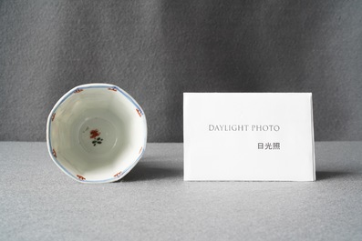 A Chinese octagonal famille verte stem cup, Kangxi