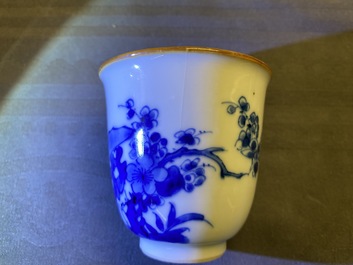 Two Chinese blue and white wine cups and a stem cup, Transitional period