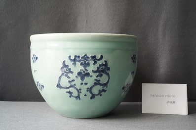 A Chinese blue and white celadon-ground jardini&egrave;re, Qianlong