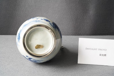 A Chinese blue and white silver-mounted ewer, Transitional period