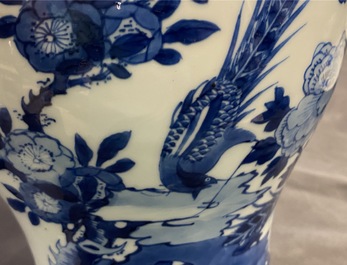A Chinese blue and white yenyen vase with a bird among foliage, Kangxi