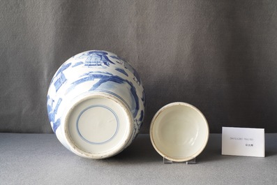 A Chinese blue and white covered jar with figures in a landscape, 19th C.