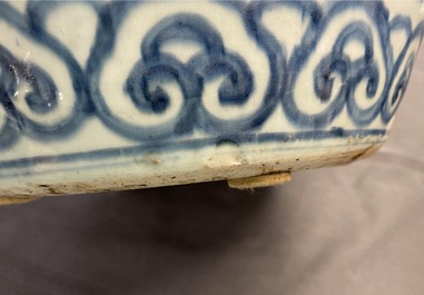 A Chinese blue and white vase with boats in a mountainous landscape, Ming