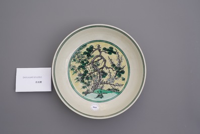 A Chinese verte biscuit 'Three friends of winter' dish, Jiajing mark, 18/19th C.