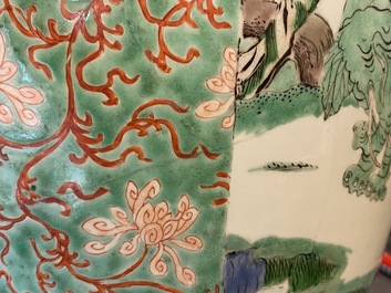 A large Chinese famille verte 'mythical beasts' jar with wooden cover, Kangxi