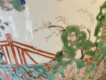 A large Chinese famille verte 'mythical beasts' jar with wooden cover, Kangxi