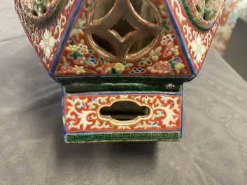 A rare Chinese reticulated famille rose revolving vase, 19/20th C.