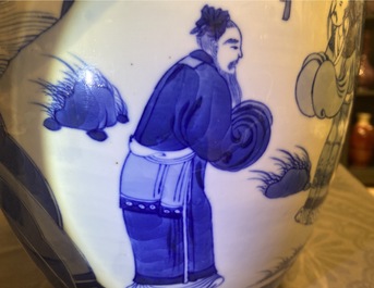 A Chinese blue and white covered jar with figures in a landscape, 19th C.