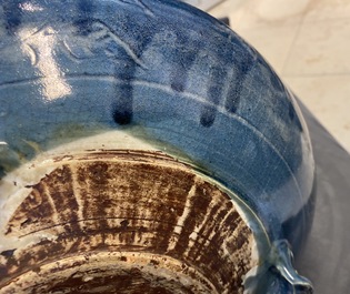 A Chinese monochrome blue censer with incised floral design, Ming