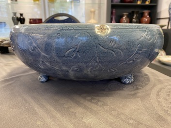 A Chinese monochrome blue censer with incised floral design, Ming