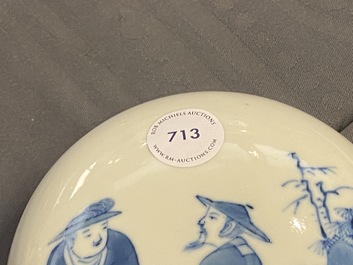 A Chinese blue and white covered jar with figures in a landscape, 19th C.