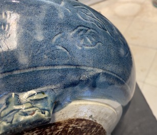 A Chinese monochrome blue censer with incised floral design, Ming