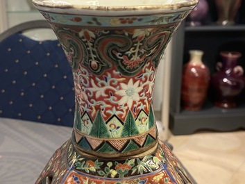 A rare Chinese reticulated famille rose revolving vase, 19/20th C.