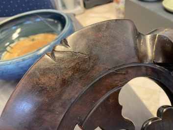 A Chinese monochrome blue censer with incised floral design, Ming