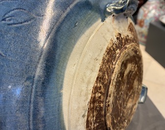 A Chinese monochrome blue censer with incised floral design, Ming