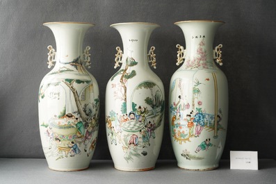 Three Chinese famille rose vases with boys near fish bowls, 19/20th C.