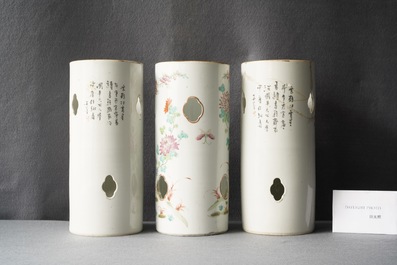Three Chinese famille rose and qianjang cai hat stands, 19/20th C.