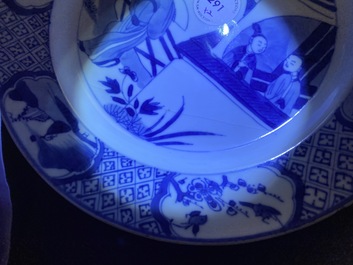 Two Chinese blue and white 'Romance of the Western Chamber' plates, Kangxi