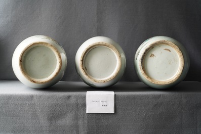 Three Chinese famille rose vases with boys near fish bowls, 19/20th C.