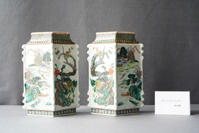 A pair of Chinese famille verte lozenge-shaped vases, 19th C.