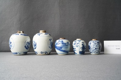 Five Chinese blue and white jars, Kangxi