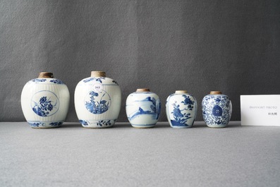 Five Chinese blue and white jars, Kangxi
