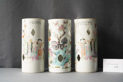 Three Chinese famille rose and qianjang cai hat stands, 19/20th C.