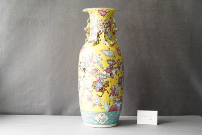 A Chinese yellow-ground famille rose 'warrior' vase, 19th C.