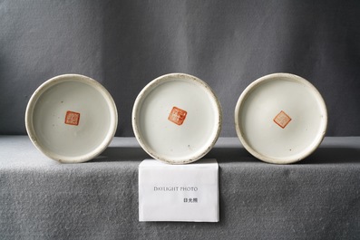 Three Chinese famille rose and qianjang cai hat stands, 19/20th C.