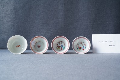 Een Chinese famille rose VOC-kop, een Pronk-kop en twee koppen en schotels, Yongzheng/Qianlong