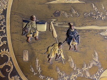 A large Japanese bronze dish, signed Miyao, Meiji, 19th C.