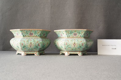 A pair of Chinese famille rose jardini&egrave;res on stands, Qianlong mark, Jiaqing