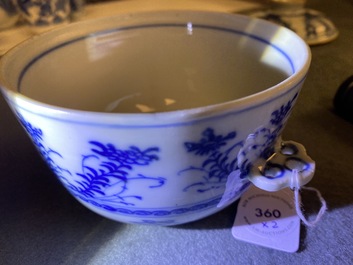 Two Chinese blue and white porringer bowls and covers, Kangxi