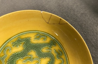Three Chinese yellow-ground saucer dishes, 19/20th C.