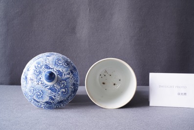 Een Chinese blauw-witte dekselbeker met floraal decor, Kangxi
