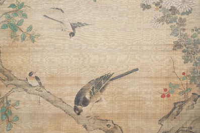 Chinese school, ink and colour on silk, 18/19th C.: 'Birds and their preys'