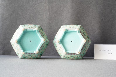 A pair of Chinese famille rose jardini&egrave;res on stands, Qianlong mark, Jiaqing