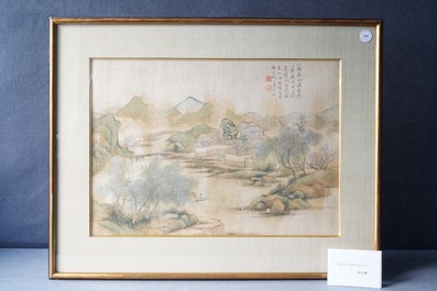 Chinese school, ink and colour on silk, 20th C.: 'Three landscape views'