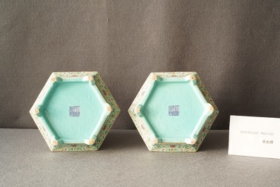 A pair of Chinese famille rose jardini&egrave;res on stands, Qianlong mark, Jiaqing