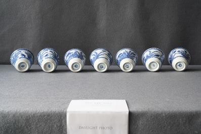 Seven Chinese blue and white cups and saucers, Kangxi