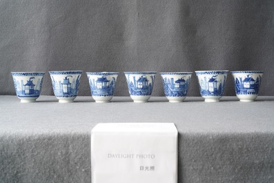 Seven Chinese blue and white cups and saucers, Kangxi