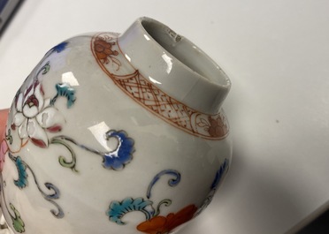A Chinese famille rose teapot, tea caddy, milk jug and tray, Qianlong