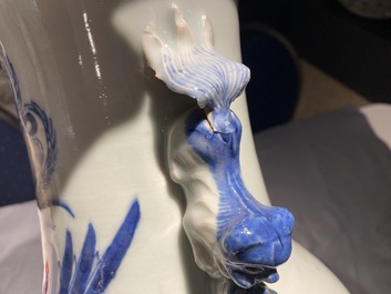 Two Chinese blue and white celadon 'dragon and phoenix' vases, 19th C.