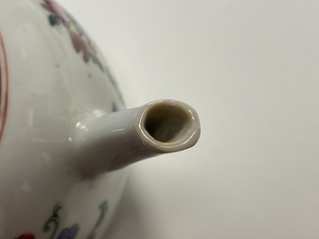 A Chinese famille rose teapot, tea caddy, milk jug and tray, Qianlong