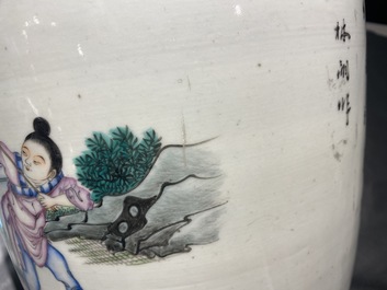 Three Chinese famille rose vases with narrative scenes, 19/20th C.